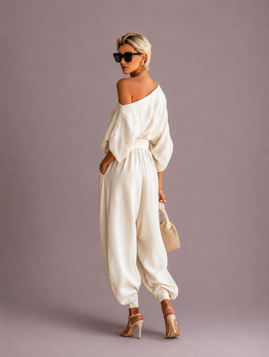 ELLA | Conjunto de lino blanco, pantalón con hombros descubiertos
