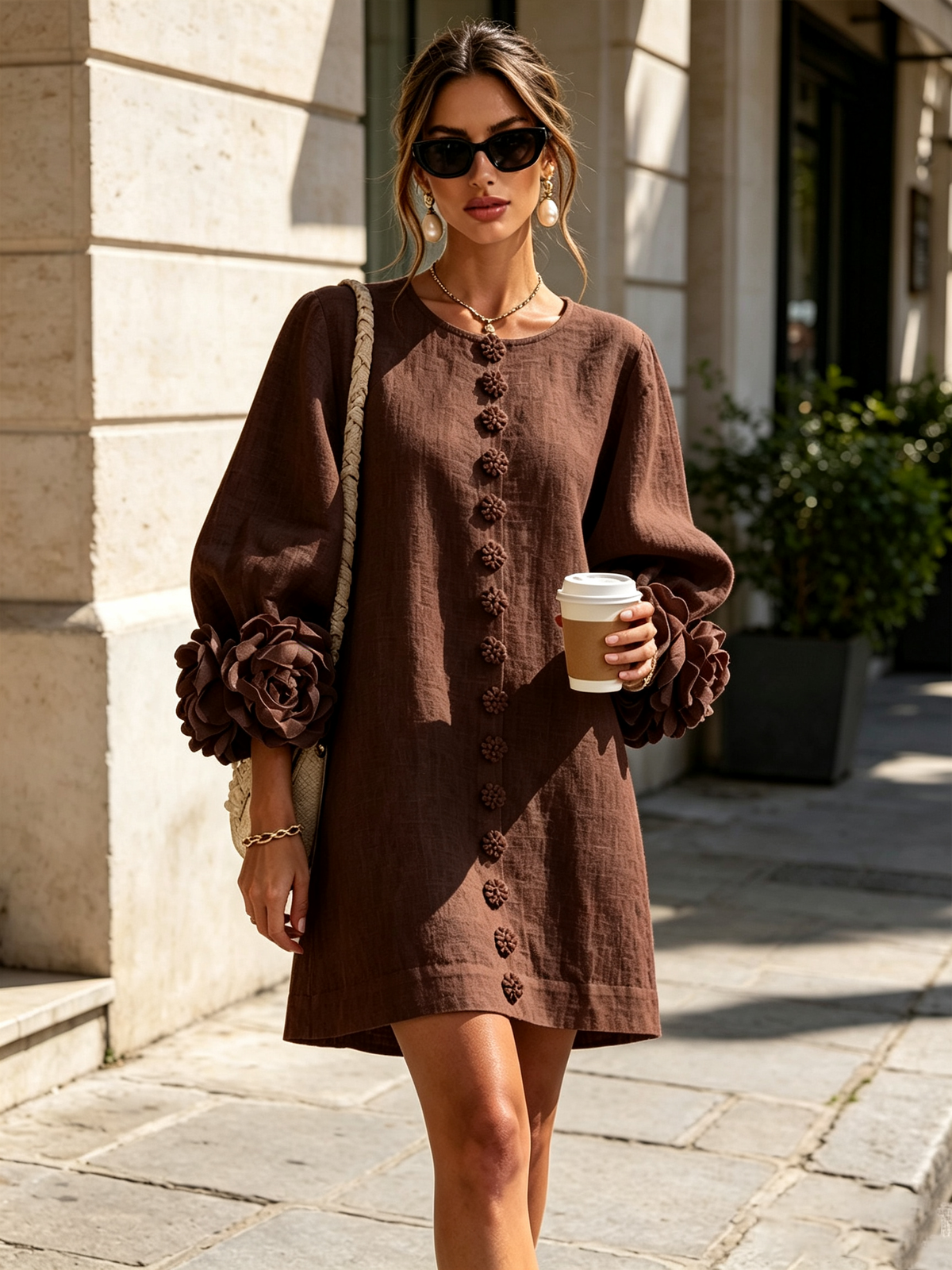 BRUNA | Vestido Mini en Mezcla de Lino con Puños Anudados en Rosa, Marrón Chocolate