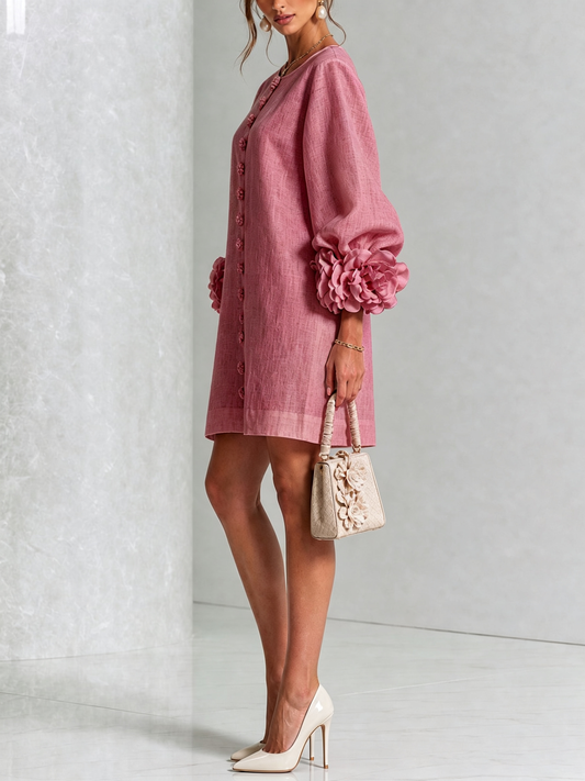 ALBA | Vestido Mini en Mezcla de Lino con Puños Anudados en Rosa, Rosa Antiguo