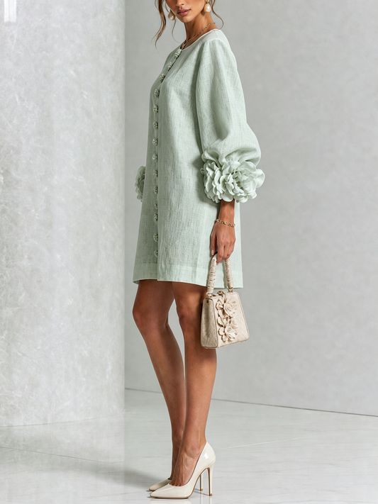DELIA | Vestido Mini en Mezcla de Lino con Puños Anudados en Rosa, Verde Salvia