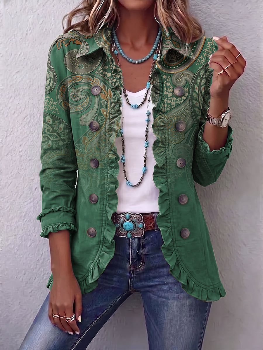JEMARA | Chaqueta Bohemia Estampado Cachemira con Volantes