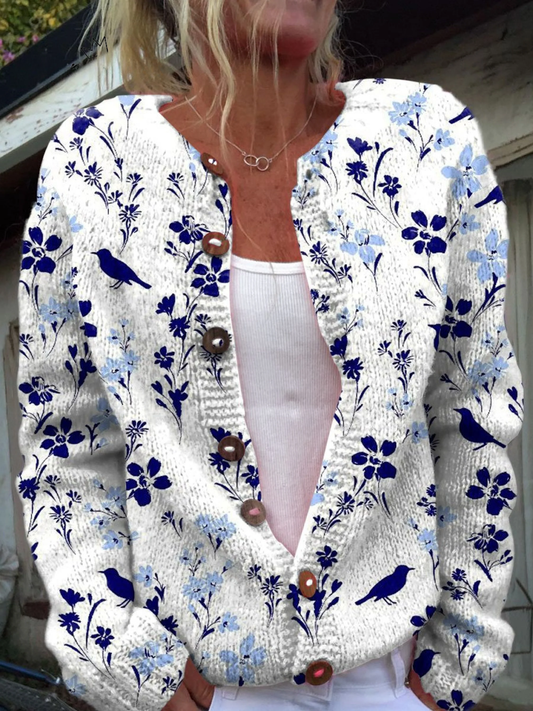 VYNORA™ | Cárdigan Vintage con Estampado Floral de Pájaros y Botones