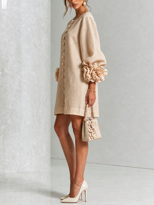 AMBRA | Vestido Mini en Mezcla de Lino con Puños Anudados en Rosa, Beige