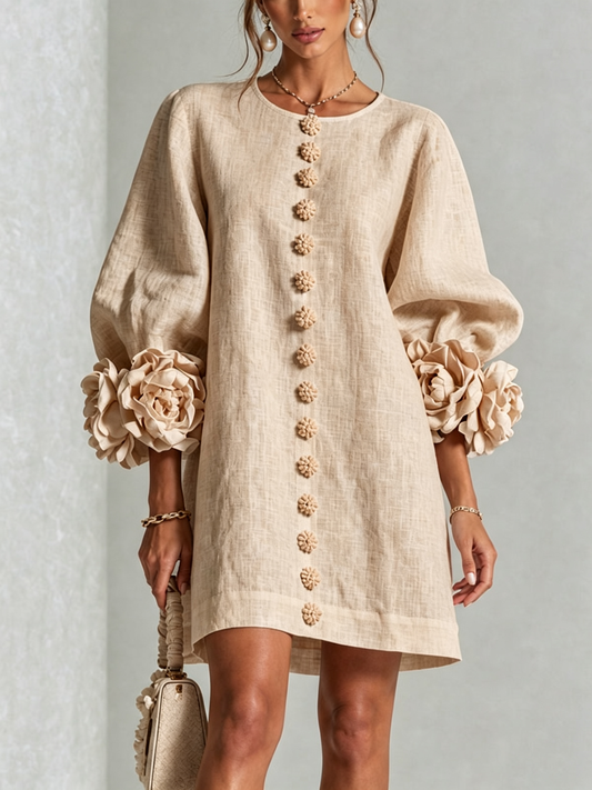 AMBRA | Vestido Mini en Mezcla de Lino con Puños Anudados en Rosa, Beige