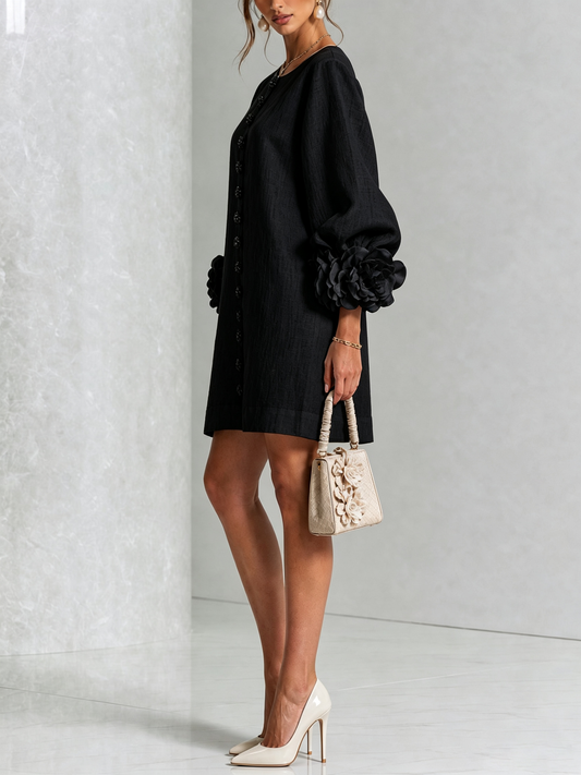 CECILIA | Vestido Mini en Mezcla de Lino con Puños Anudados en Rosa, Negro