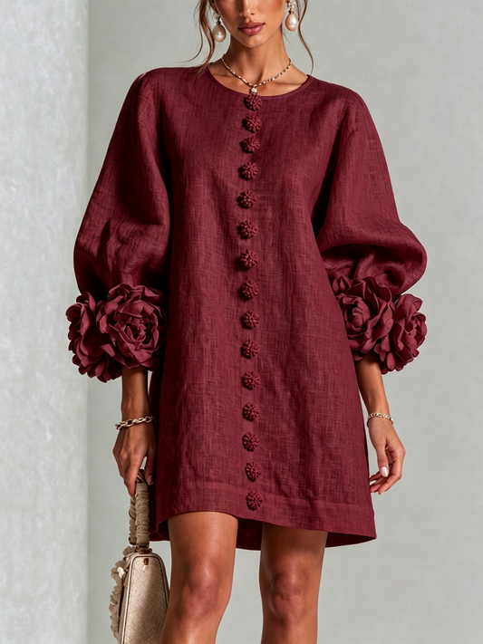 ILARIA | Vestido Mini en Mezcla de Lino con Puños Anudados en Rosa, Burdeos