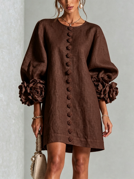 BRUNA | Vestido Mini en Mezcla de Lino con Puños Anudados en Rosa, Marrón Chocolate