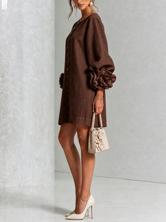 BRUNA | Vestido Mini en Mezcla de Lino con Puños Anudados en Rosa, Marrón Chocolate