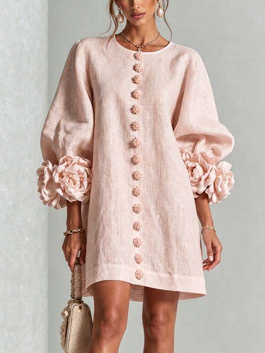 NOEMI | Vestido Mini en Mezcla de Lino con Puños Anudados en Rosa, Rosa