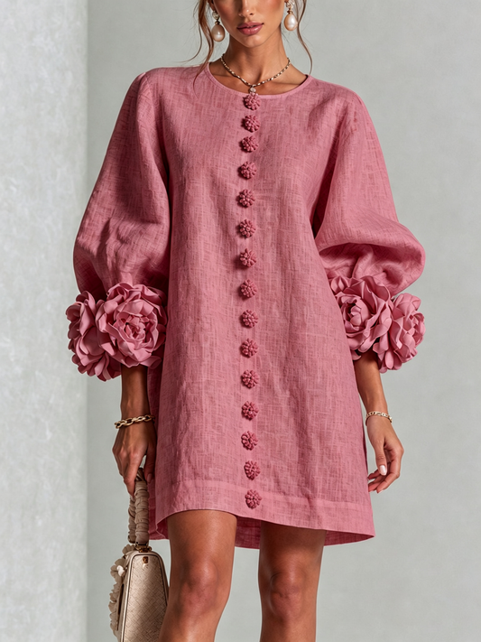 ALBA | Vestido Mini en Mezcla de Lino con Puños Anudados en Rosa, Rosa Antiguo