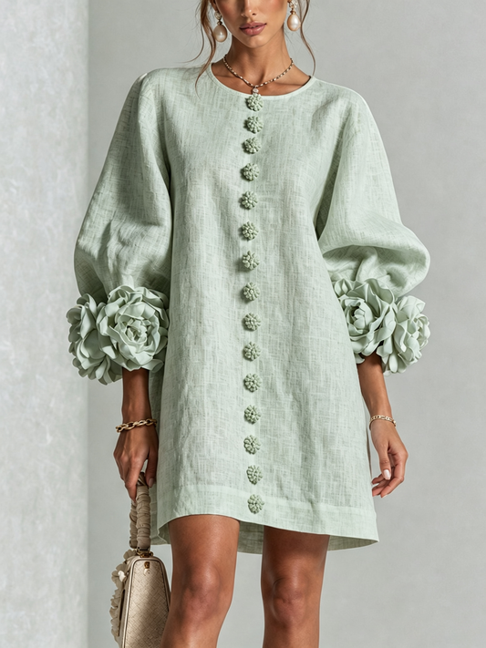 DELIA | Vestido Mini en Mezcla de Lino con Puños Anudados en Rosa, Verde Salvia