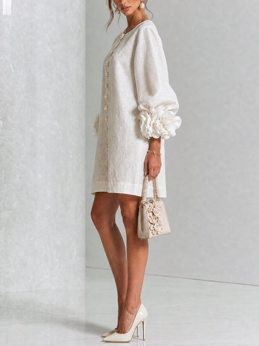 CHIARA | Vestido Mini en Mezcla de Lino con Puños Anudados en Rosa, Blanco
