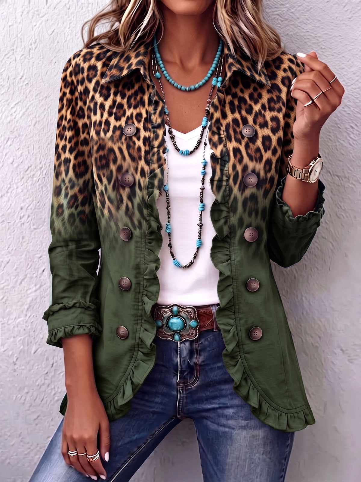 ELSPETH | Chaqueta Blazer Ombré de Leopardo con Volantes