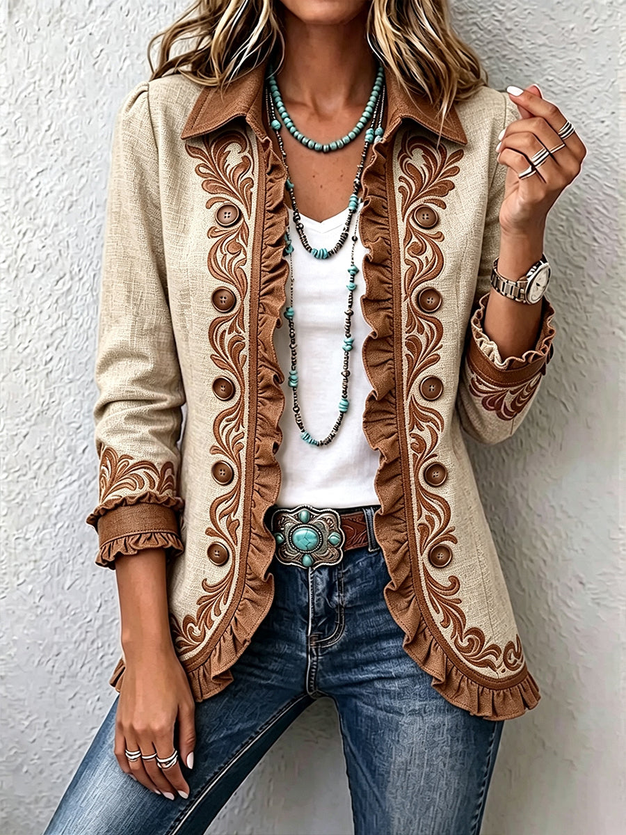 DAWNCROFT | Chaqueta Vintage Bohemia Floral con Volantes