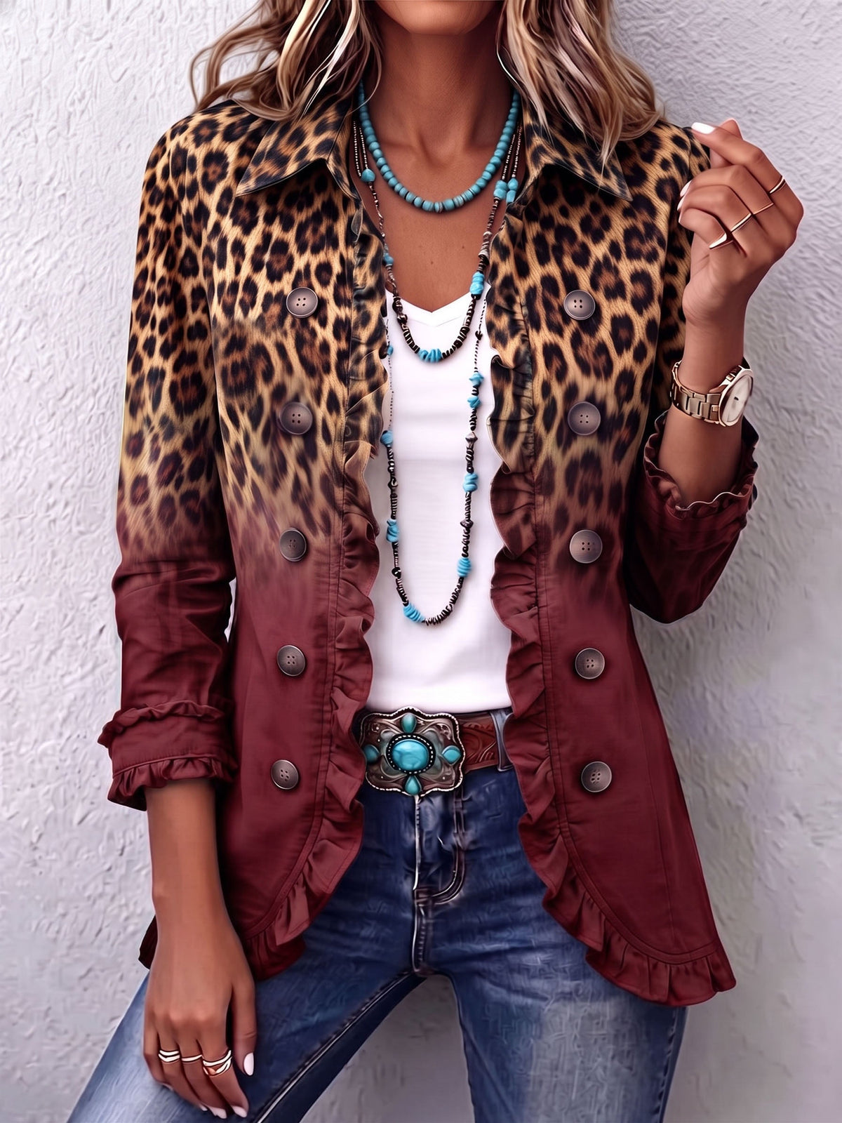 ELSPETH | Chaqueta Blazer Ombré de Leopardo con Volantes