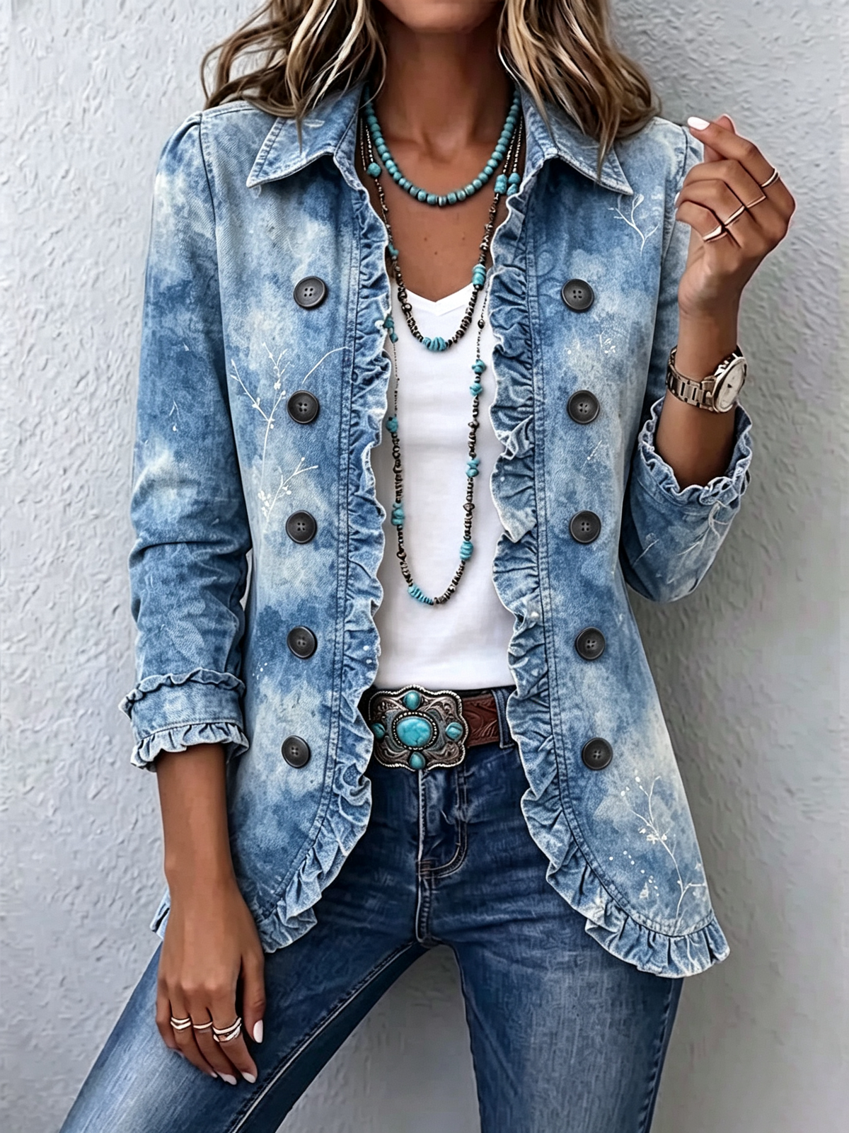 JEMISON | Chaqueta Boho Estampado Botánico Degradado con Volantes