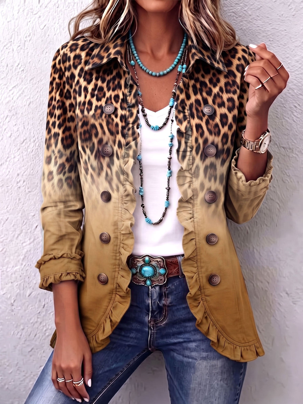 ELSPETH | Chaqueta Blazer Ombré de Leopardo con Volantes